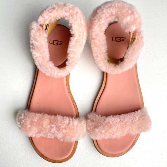 UGG Fluff Springs Genuine Shearling Sandal Sz 6 Ankle Strap Pastel Pink Coquette - Picture 5 of 8